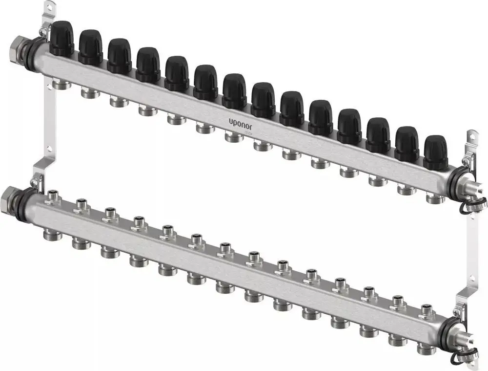 Uponor Verteiler mit mehreren Anschlüssen, bestehend aus zwei Reihen mit Anschlussmöglichkeiten. Verwendbar für Heizungs- oder Fußbodenheizungsanlagen.